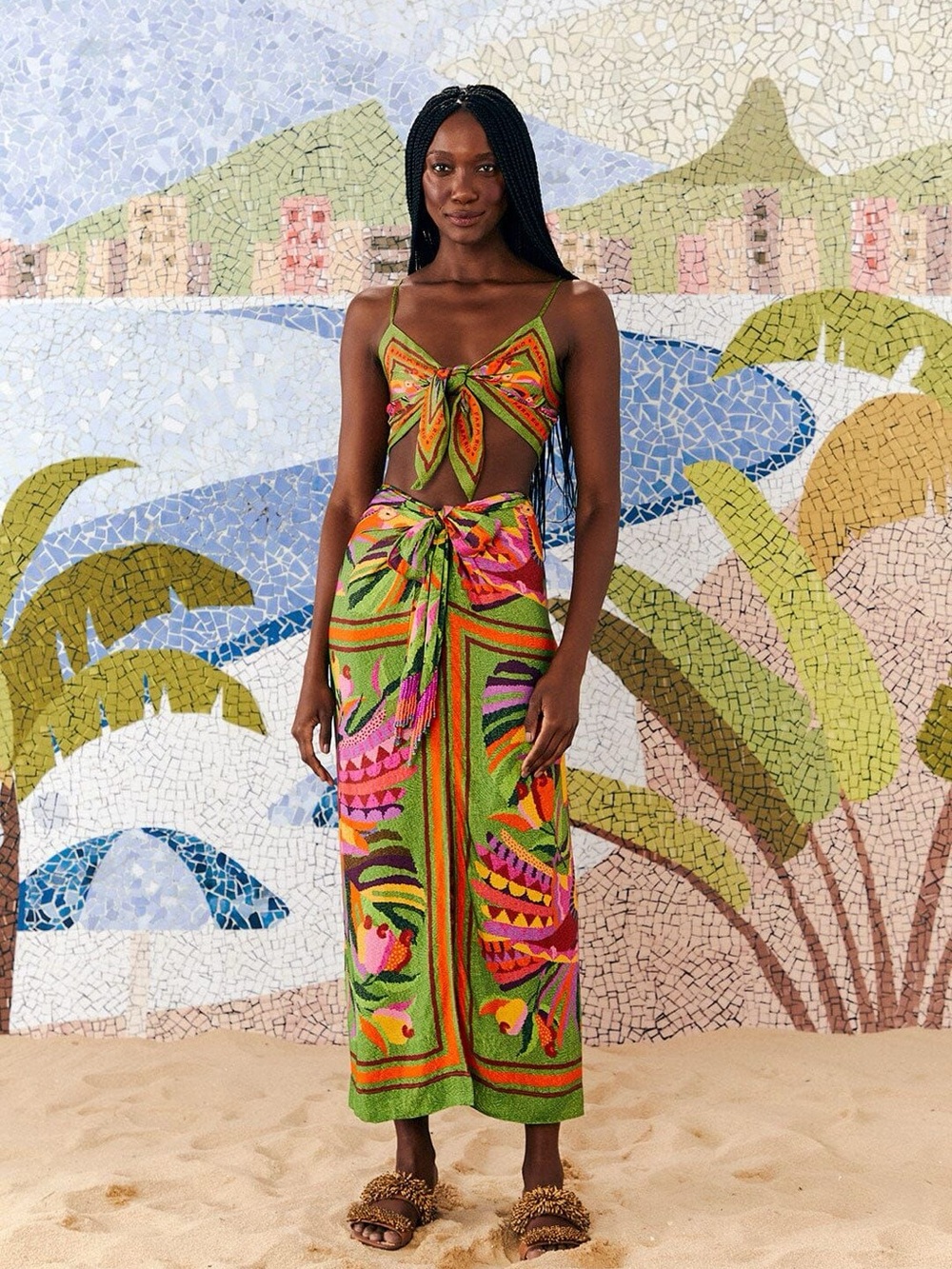 FARM Rio Toucan Scarf Crop Top and Midi Skirt matching set